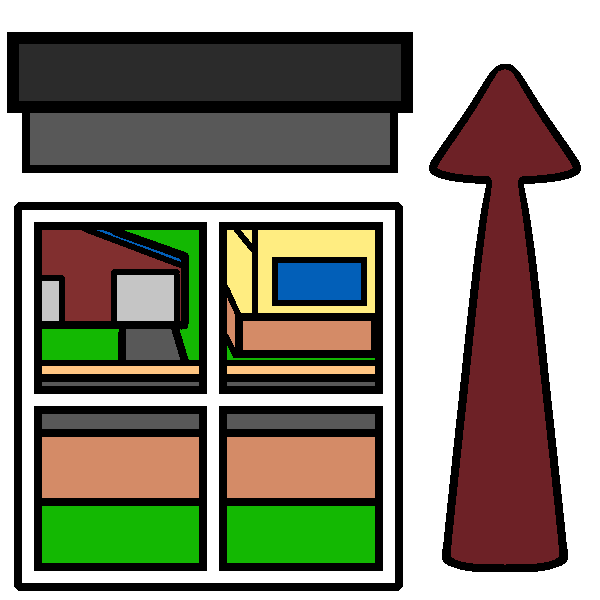  A window with raised blinds and an arrow pointing upwards to the right of it. Outside is a suburban street with a red and yellow house.